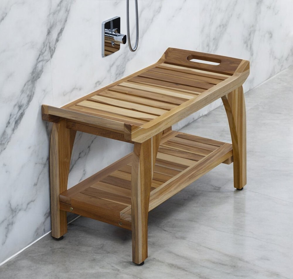 29" Teak Rectangular Shower Outdoor Bench With Handles In Natural