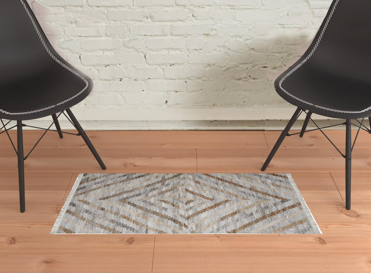 10' X 13' Gray and Brown Geometric Hand Woven Area Rug With Fringe