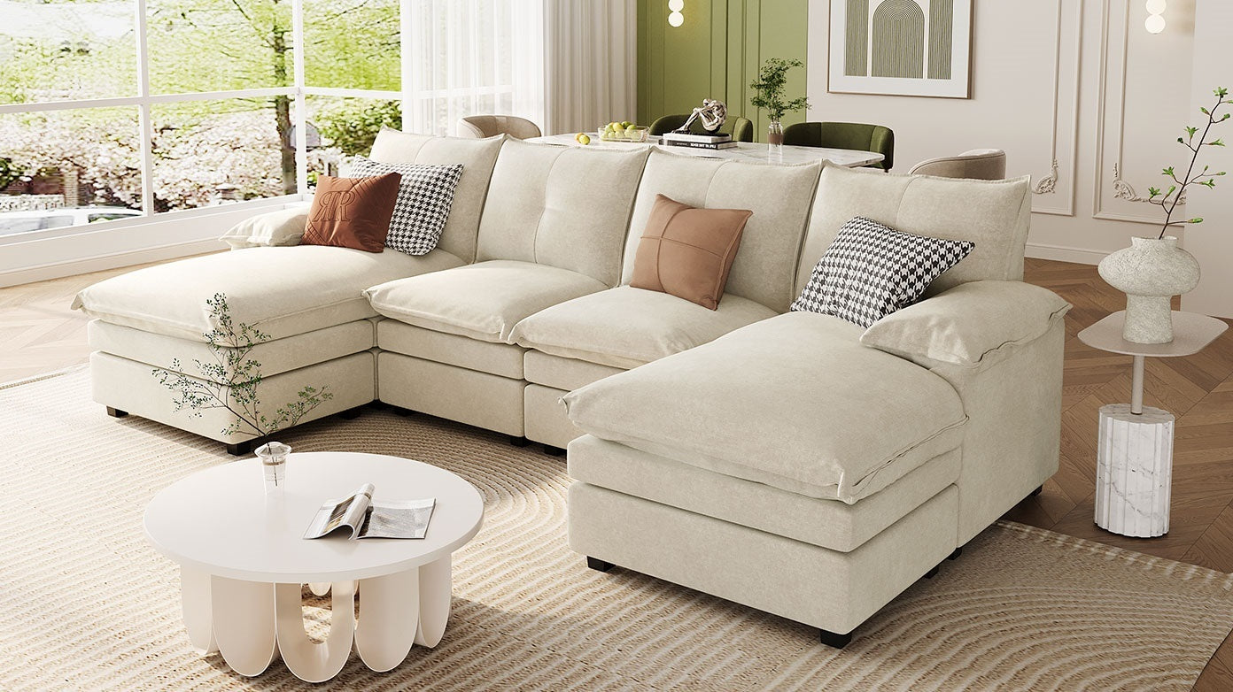 U-Shaped Chenille Sectional Sofa with Adjustable Armrest Pillows -