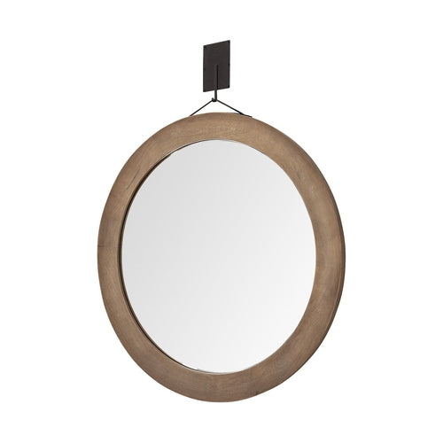 44" Brown Round Wood Framed Rope Hanging Accent Mirror