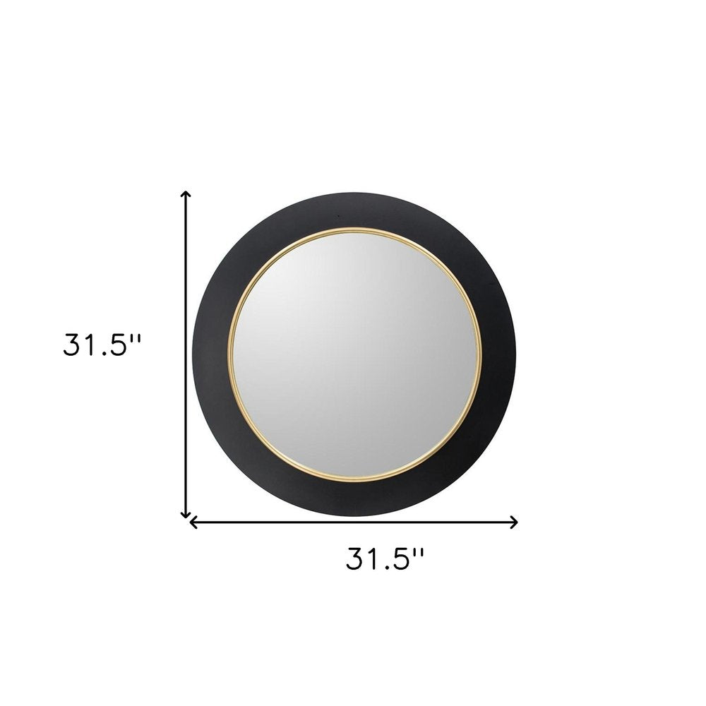 32" Black And Gold Lighted Round Metal Framed Accent Mirror
