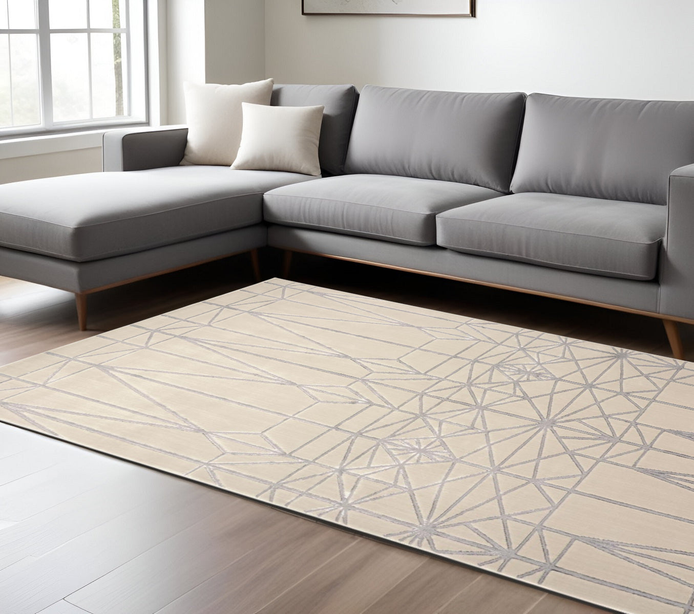 5' X 8' White Silver And Gray Geometric Stain Resistant Area Rug