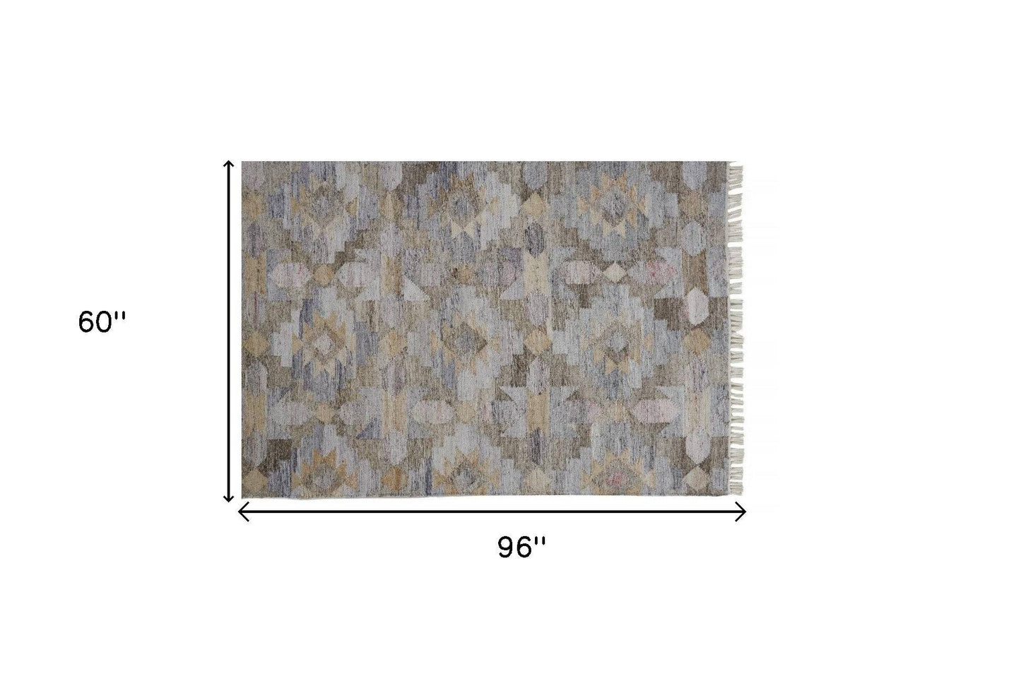 5' X 8' Gray Black And Brown Geometric Hand Woven Area Rug With Fringe