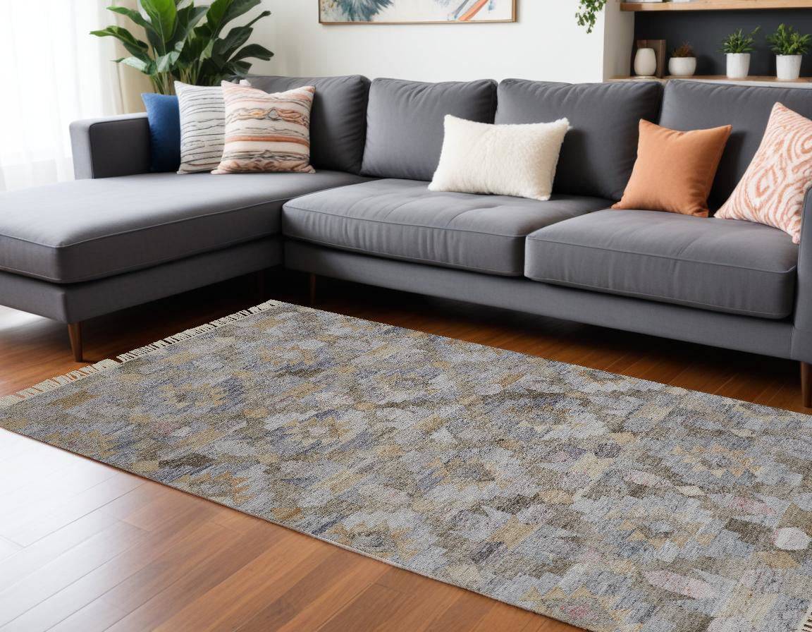 5' X 8' Gray Black And Brown Geometric Hand Woven Area Rug With Fringe