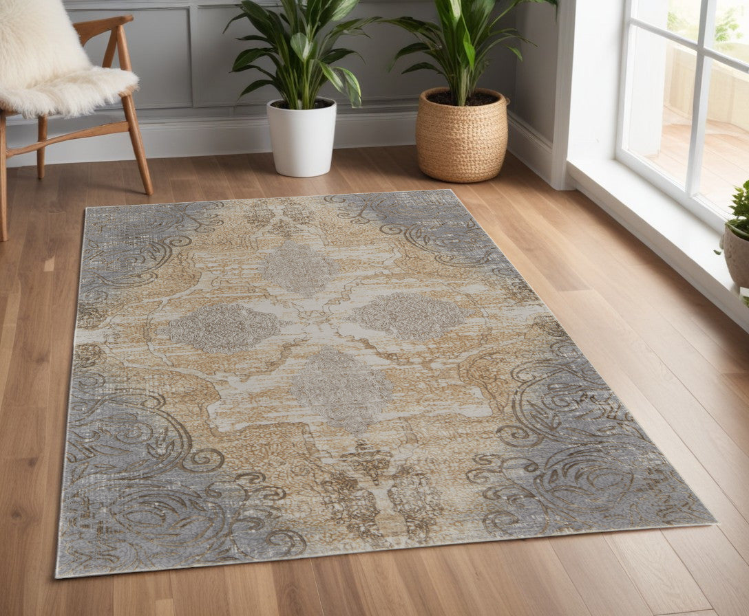 4' X 6' Tan And Gray Medallion Area Rug