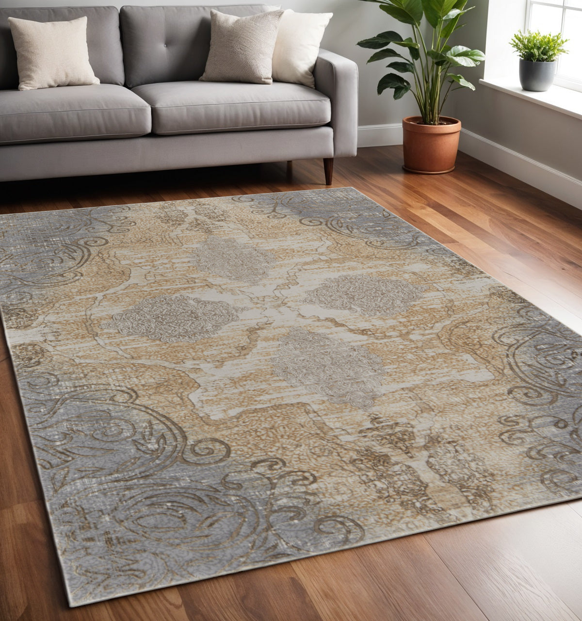4' X 6' Tan And Gray Medallion Area Rug