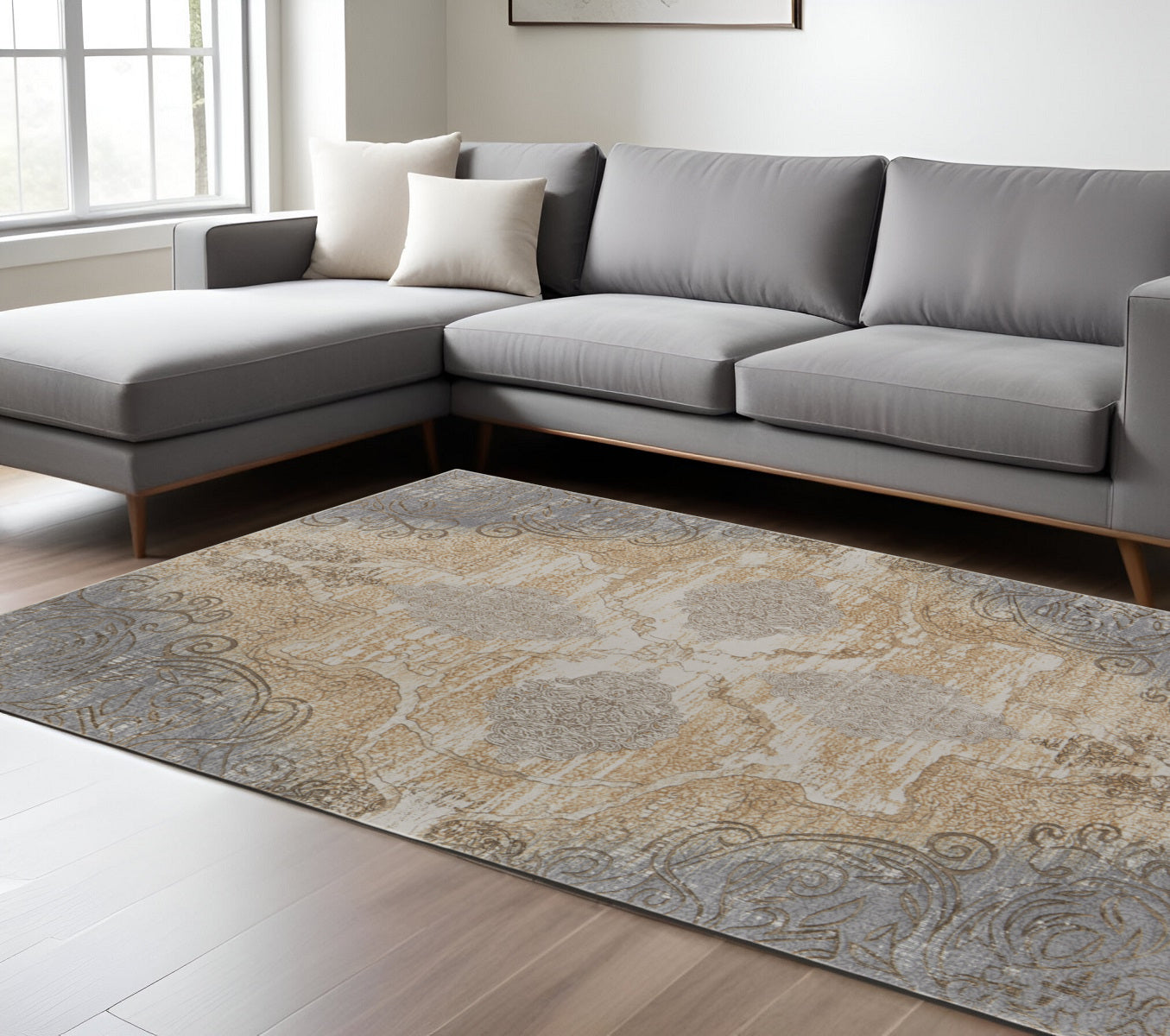 4' X 6' Tan And Gray Medallion Area Rug