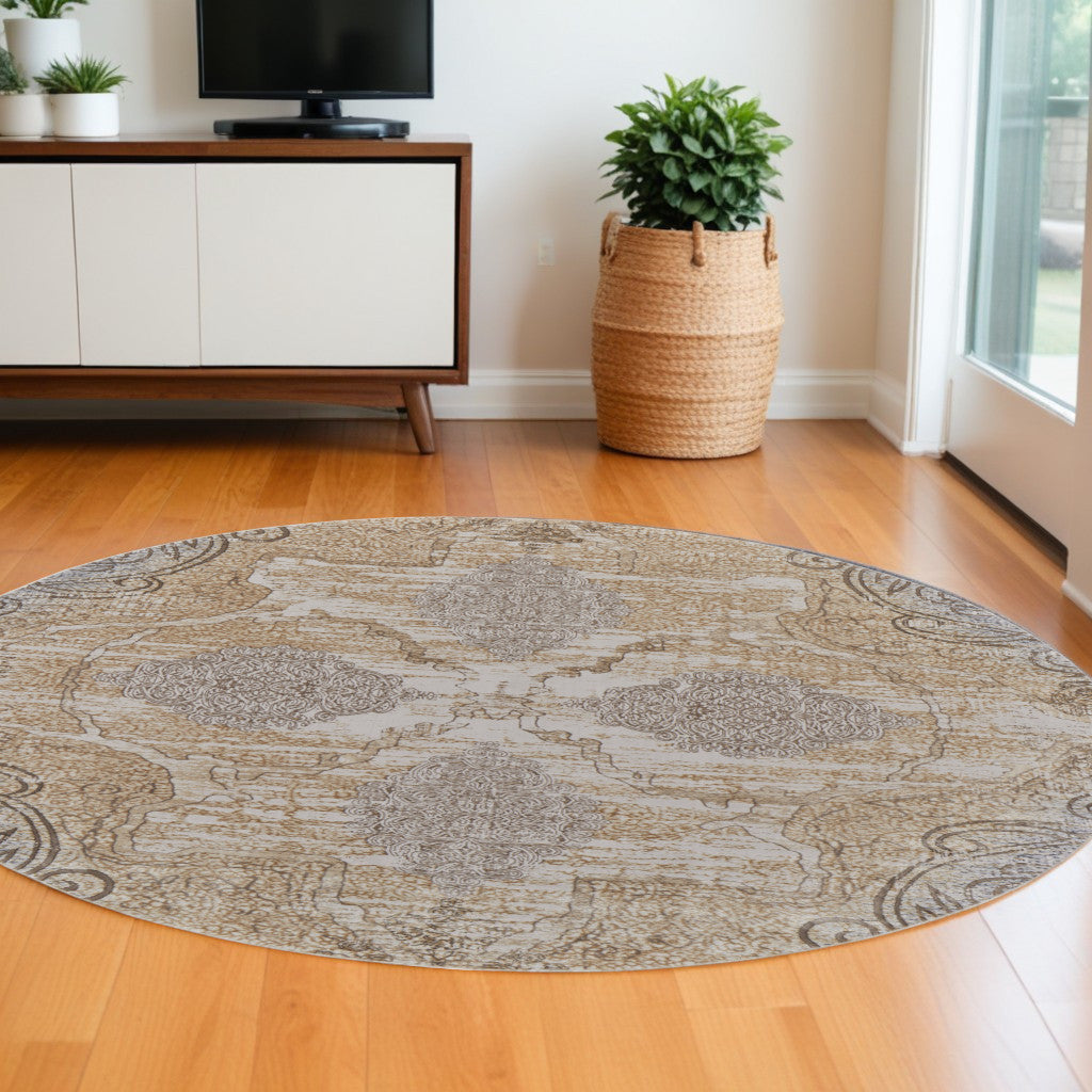 4' X 6' Tan And Gray Medallion Area Rug