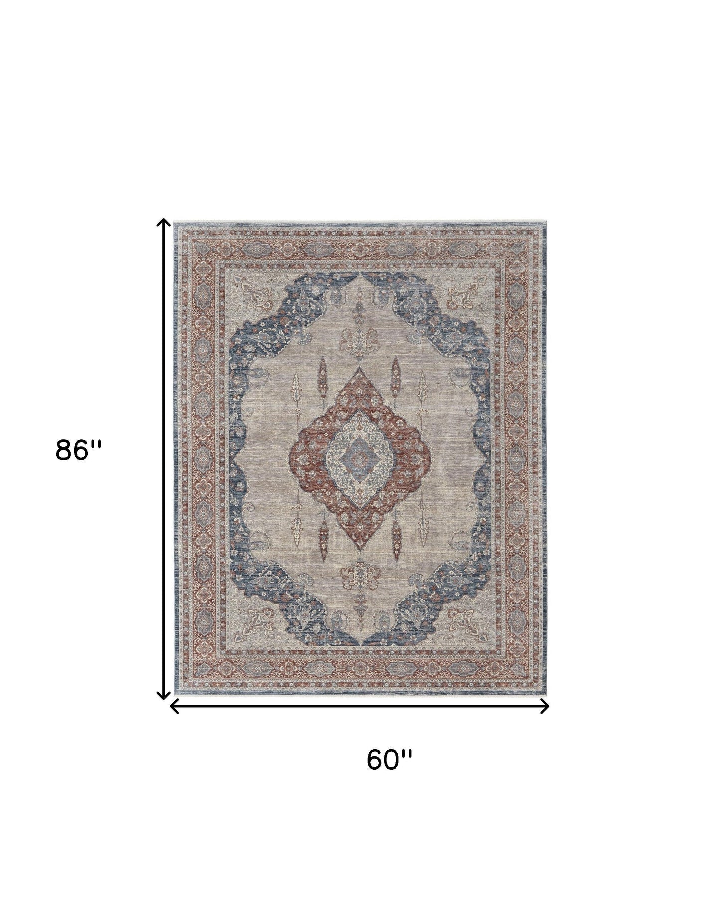5' X 7' Gray Red And Blue Floral Area Rug