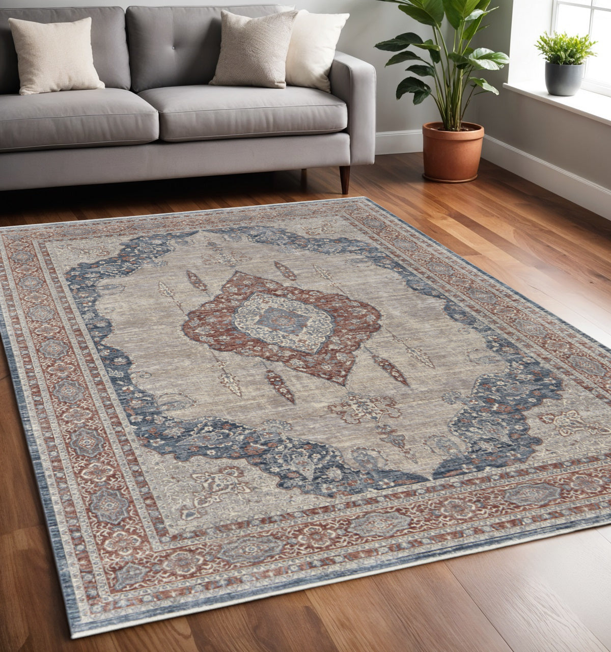 5' X 7' Gray Red And Blue Floral Area Rug