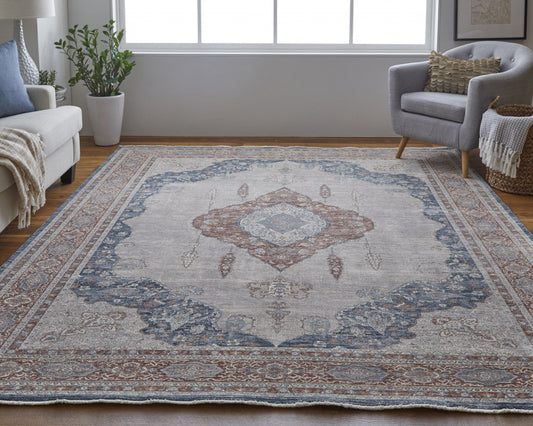 5' X 7' Gray Red And Blue Floral Area Rug