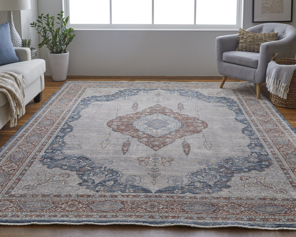 5' X 7' Gray Red And Blue Floral Area Rug