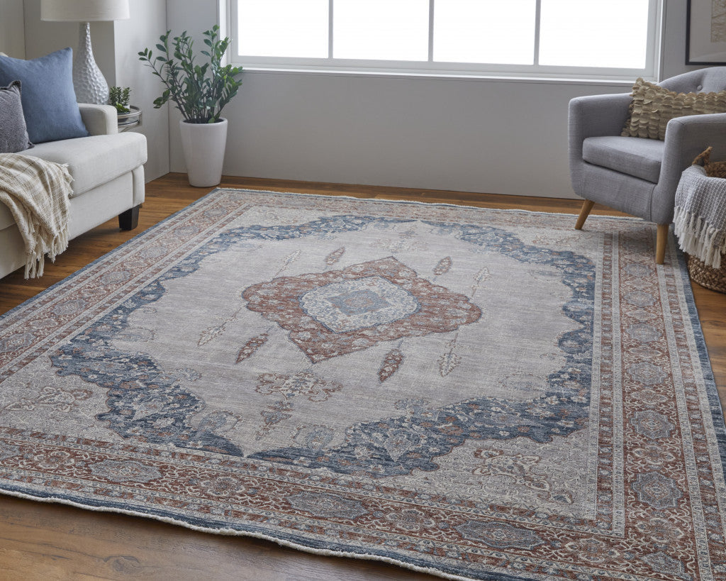 5' X 7' Gray Red And Blue Floral Area Rug
