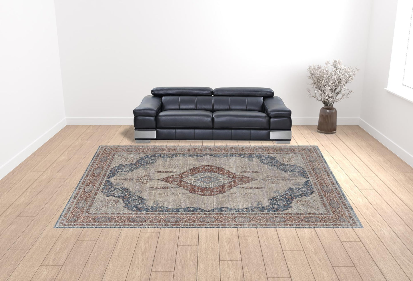 5' X 7' Gray Red And Blue Floral Area Rug