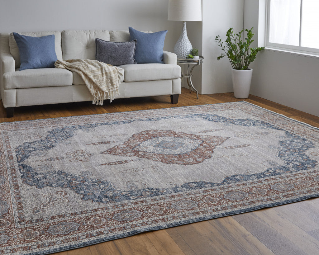 5' X 7' Gray Red And Blue Floral Area Rug