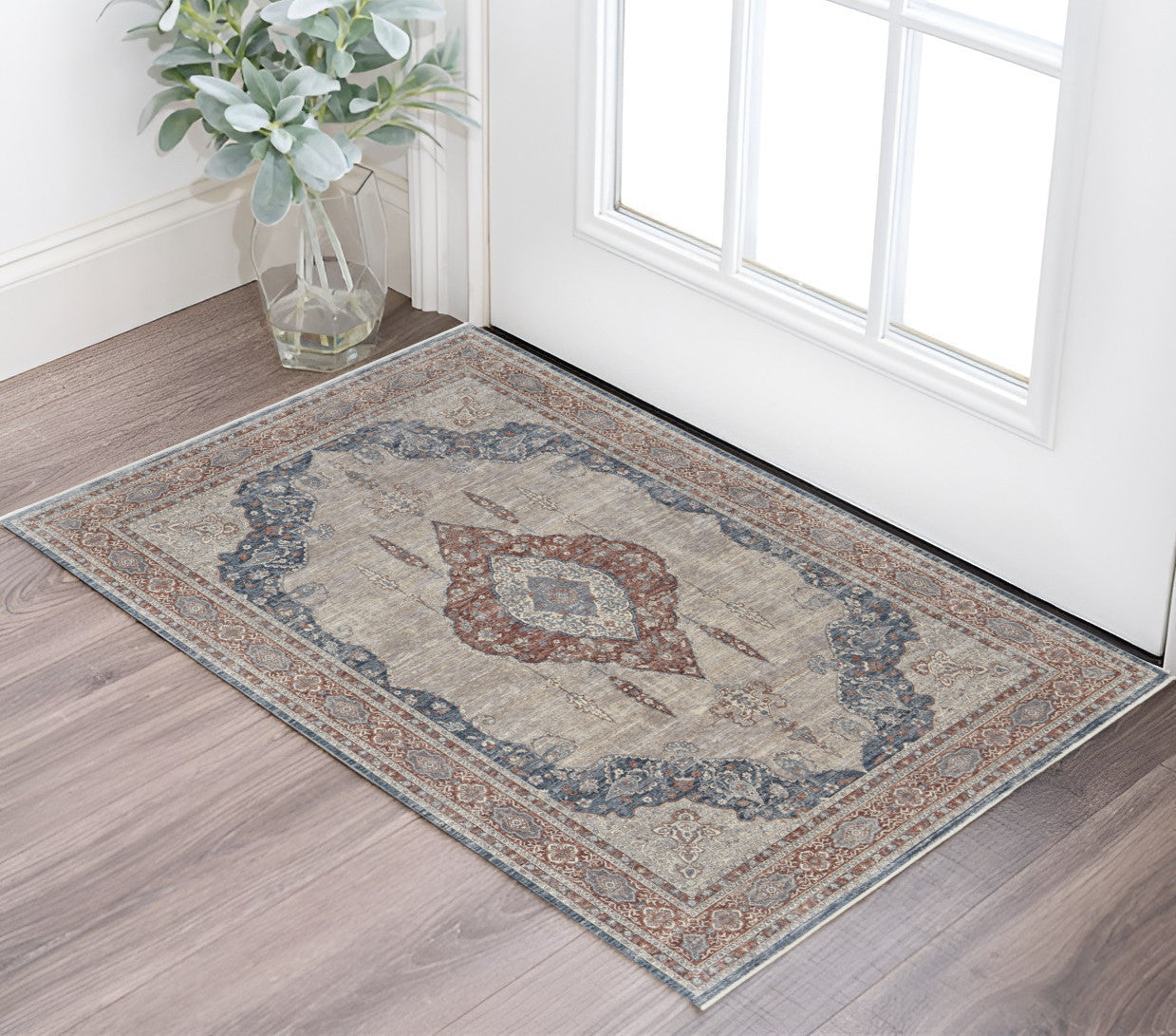 5' X 7' Gray Red And Blue Floral Area Rug