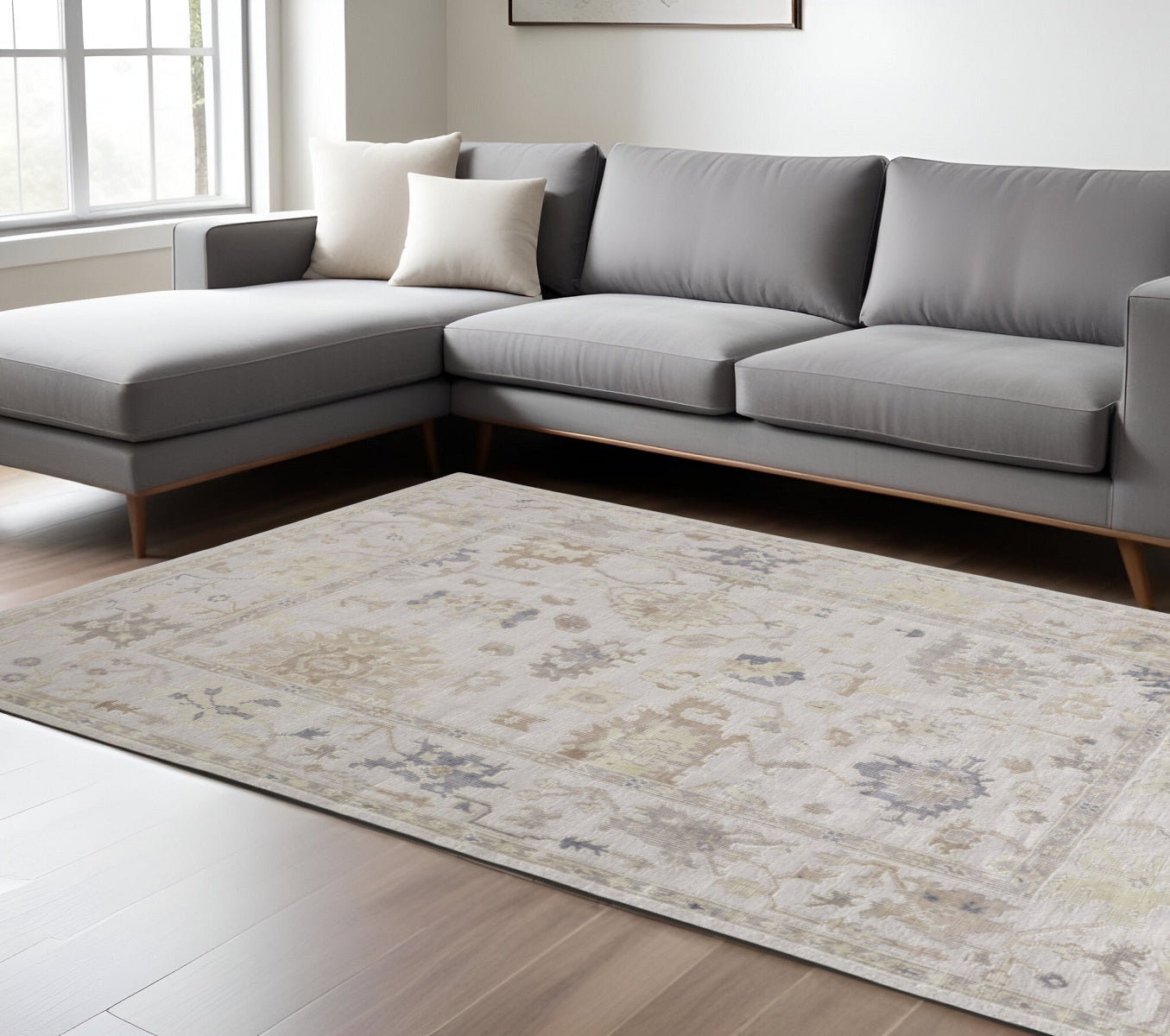 4' X 6' Tan Ivory And Orange Floral Hand Knotted Stain Resistant Area