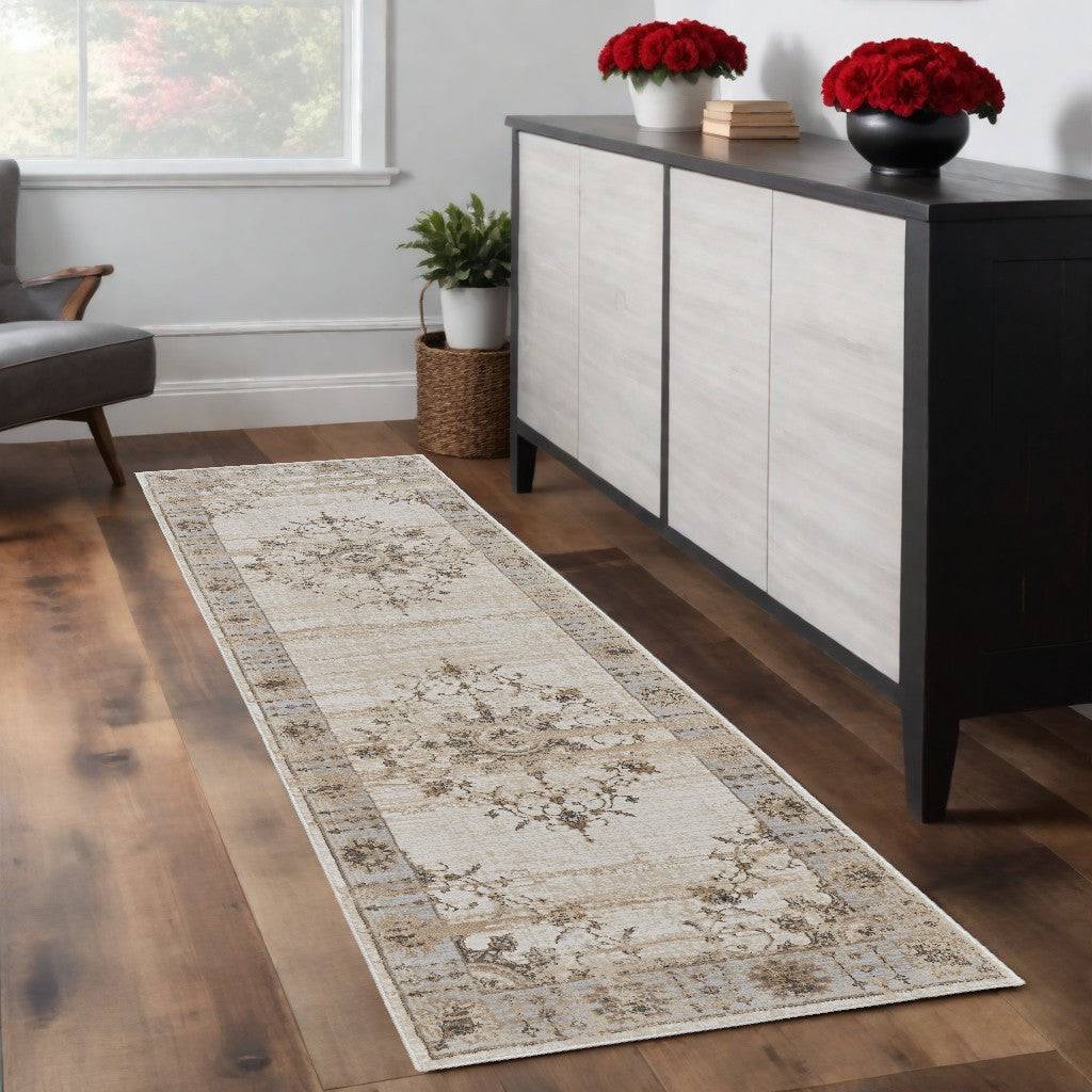 9' X 12' Tan Brown And Gray Oriental Distressed Area Rug
