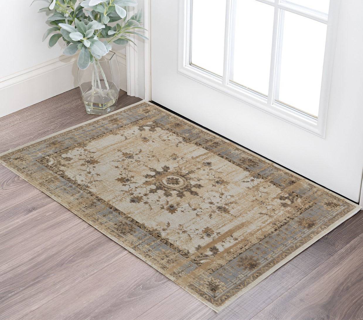 9' X 12' Tan Brown And Gray Oriental Distressed Area Rug
