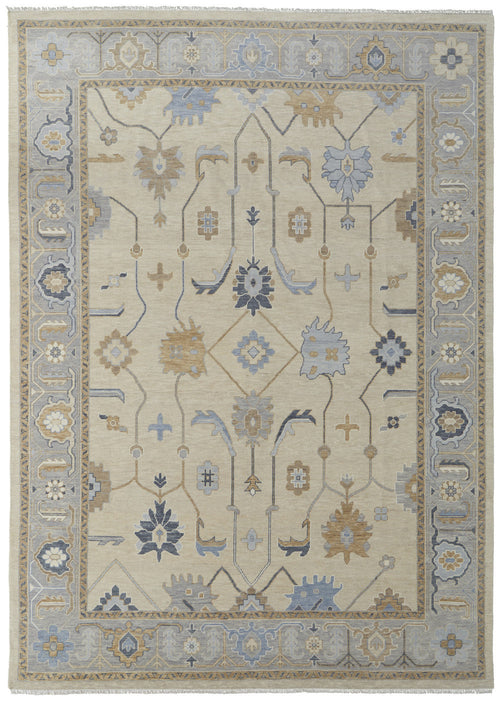 4' X 6' Gray Ivory and Blue Wool Floral Hand Knotted Area Rug With