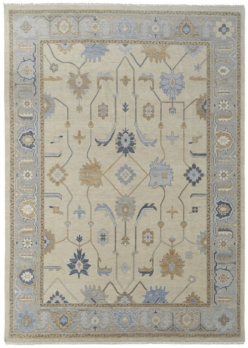 4' X 6' Gray Ivory and Blue Wool Floral Hand Knotted Area Rug With