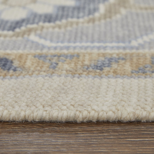 4' X 6' Gray Ivory and Blue Wool Floral Hand Knotted Area Rug With