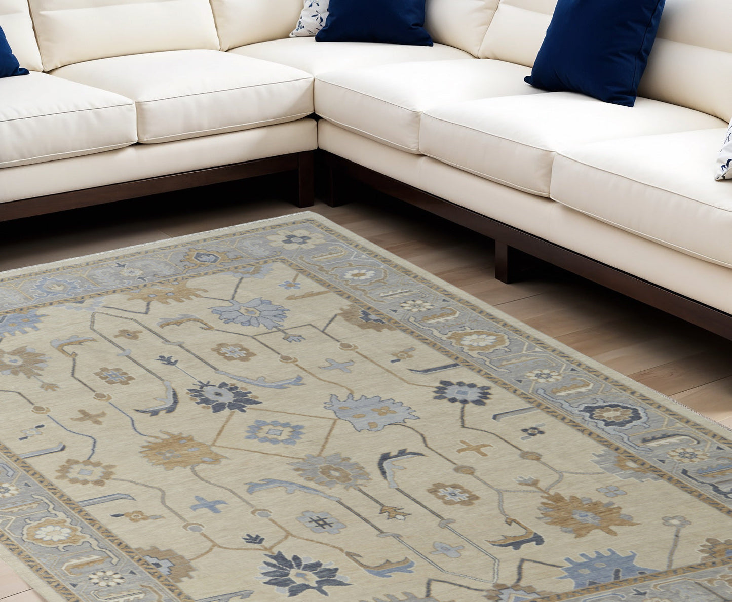 4' X 6' Gray Ivory and Blue Wool Floral Hand Knotted Area Rug With