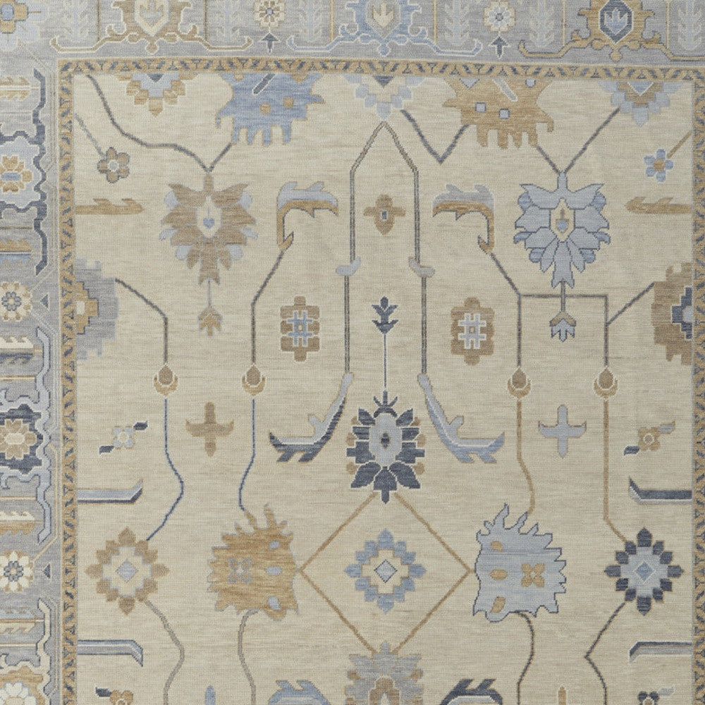 4' X 6' Gray Ivory and Blue Wool Floral Hand Knotted Area Rug With
