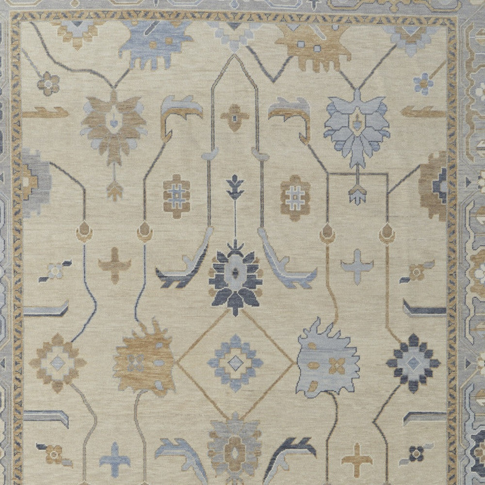 4' X 6' Gray Ivory and Blue Wool Floral Hand Knotted Area Rug With