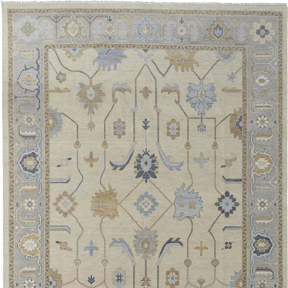 4' X 6' Gray Ivory and Blue Wool Floral Hand Knotted Area Rug With