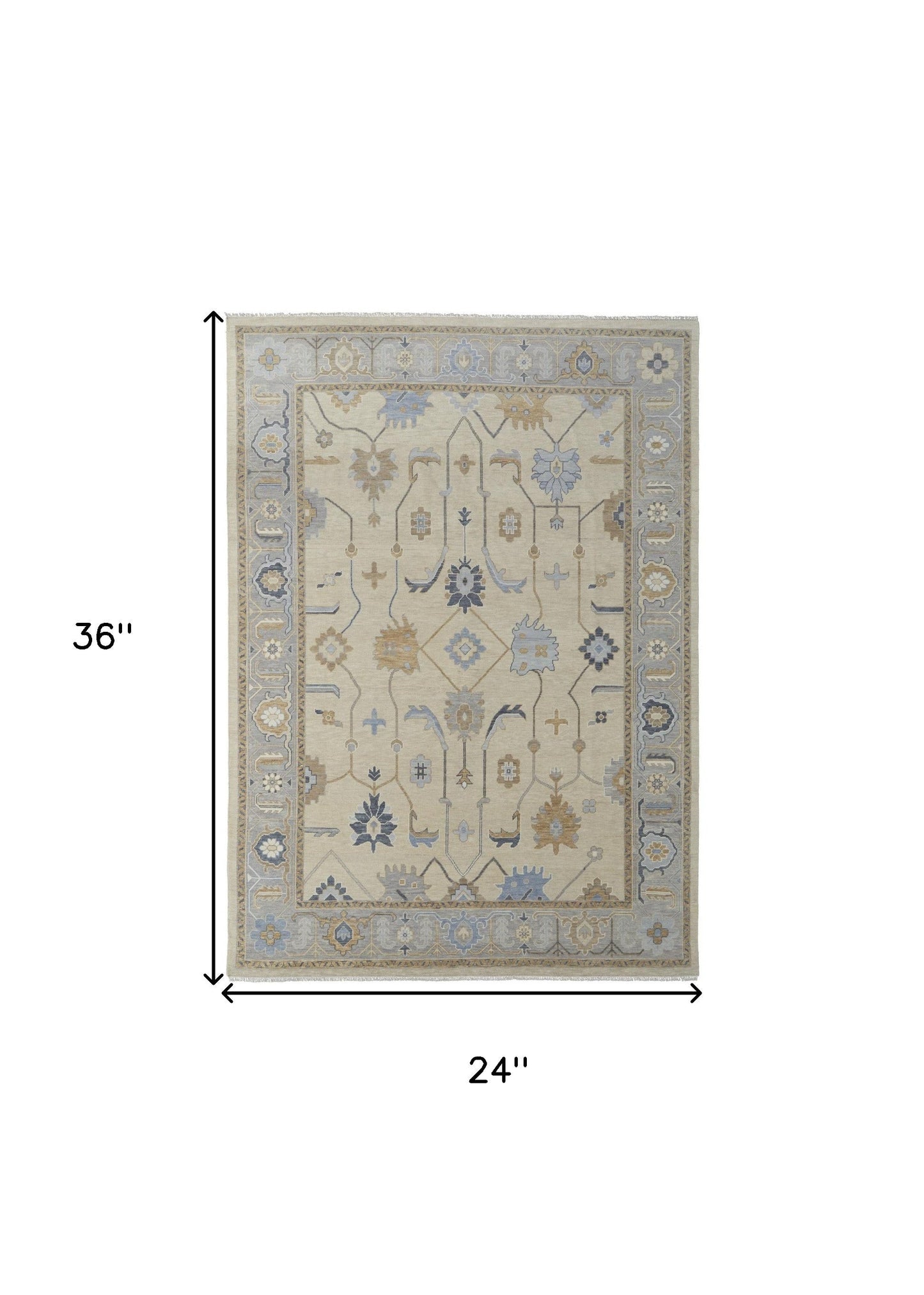 4' X 6' Gray Ivory and Blue Wool Floral Hand Knotted Area Rug With