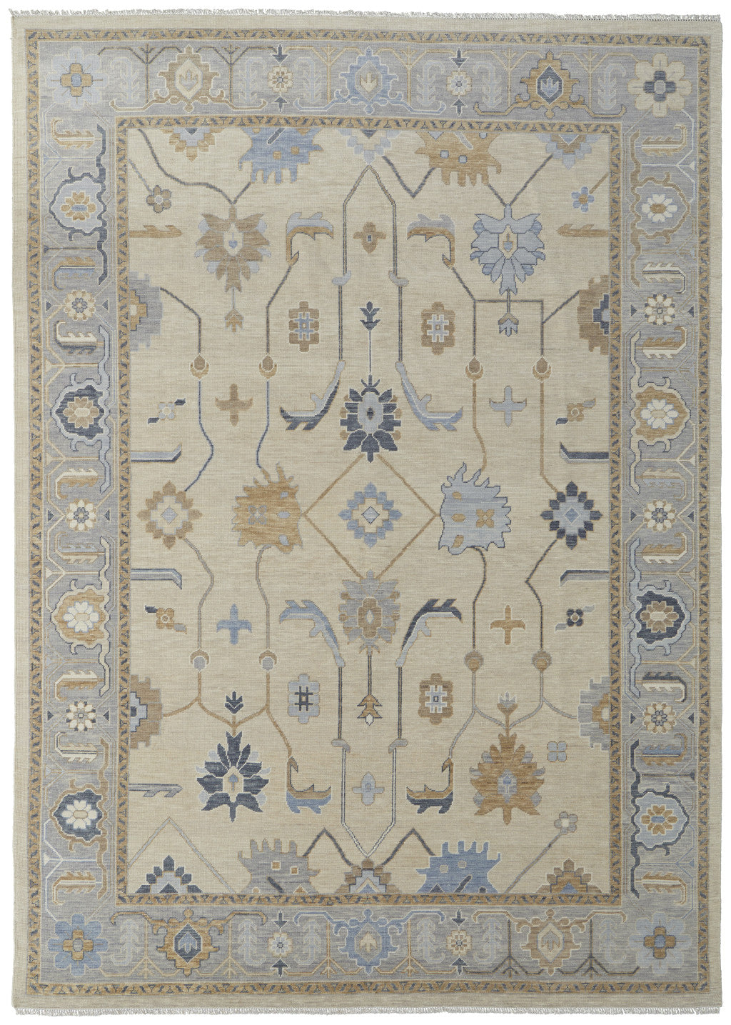 4' X 6' Gray Ivory and Blue Wool Floral Hand Knotted Area Rug With