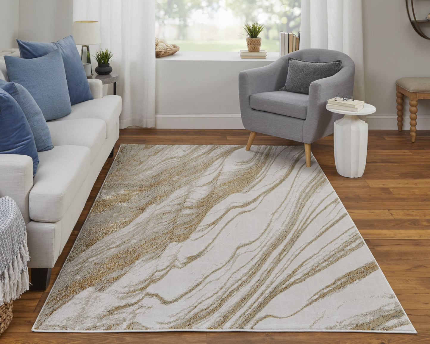 8' X 10' Ivory Brown and Gold Abstract Power Loom Area Rug