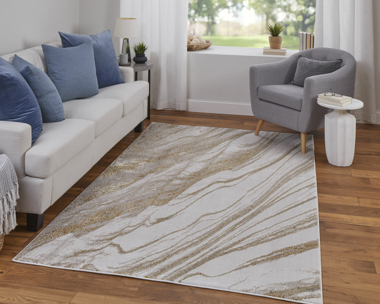 8' X 10' Ivory Brown and Gold Abstract Power Loom Area Rug