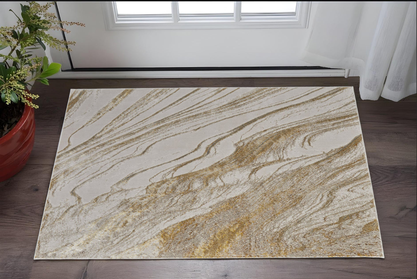 8' X 10' Ivory Brown and Gold Abstract Power Loom Area Rug