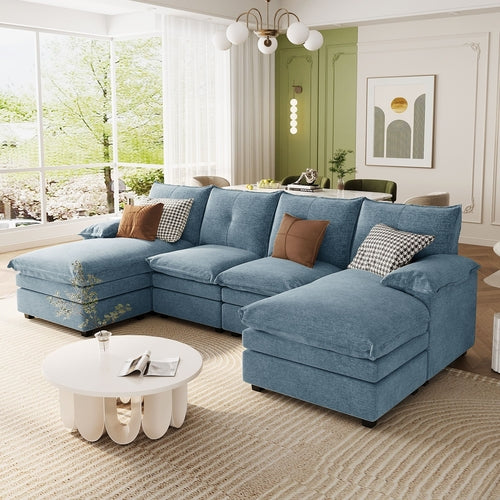 U-Shaped Chenille Sectional Sofa with Adjustable Armrest Pillows -