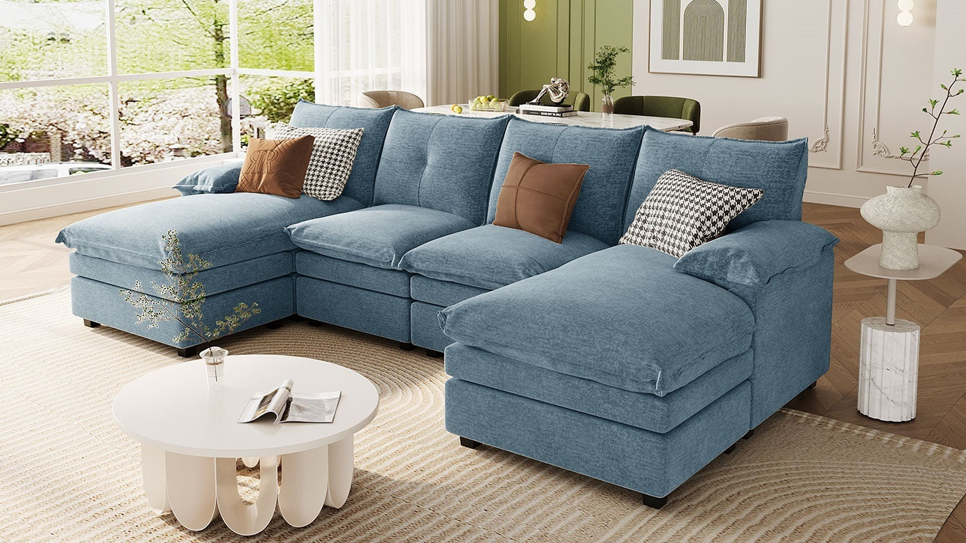 U-Shaped Chenille Sectional Sofa with Adjustable Armrest Pillows -