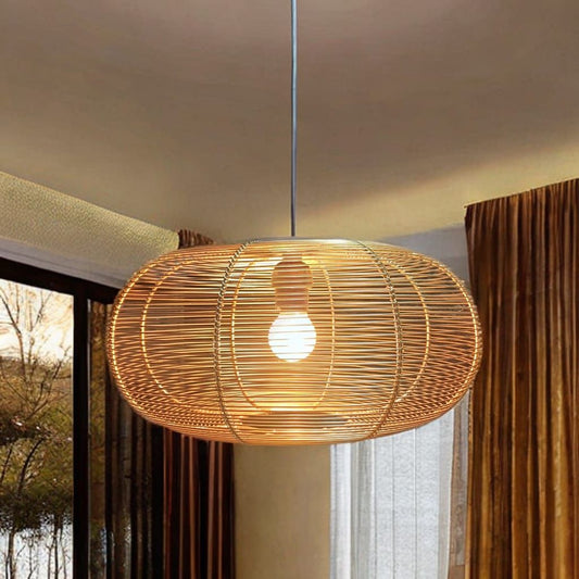 Modern Bamboo Style Hanging Pendant Light with Wire Mesh Shade –